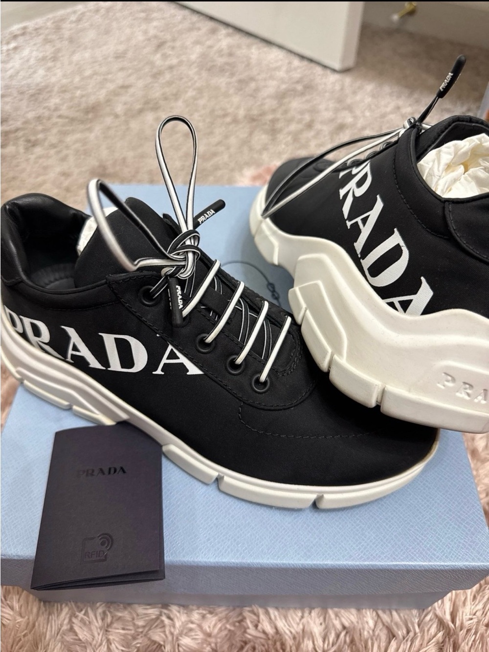 Prada Black Leather Sneakers with White Sole
